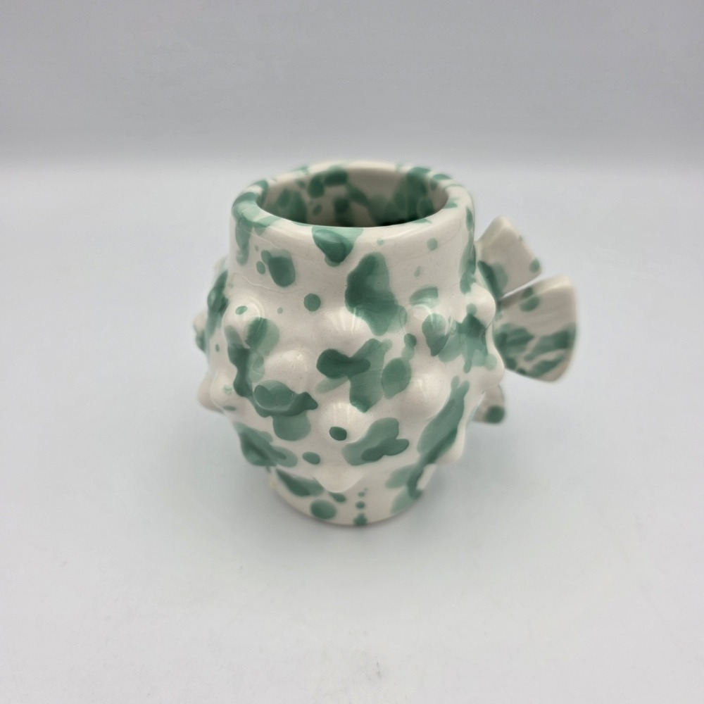 New Anthropologie Vita Shot Glass Blowfish Mint Green & White Pokadots Stoneware